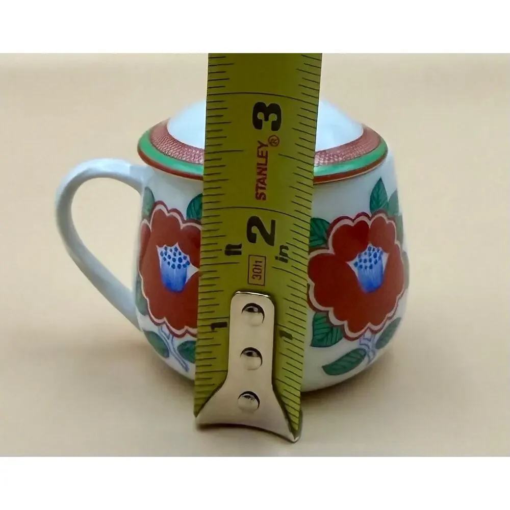 Vintage Fitz & Floyd Camellia Covered Tea Cup Lidded Mug Japan Red Floral EUC